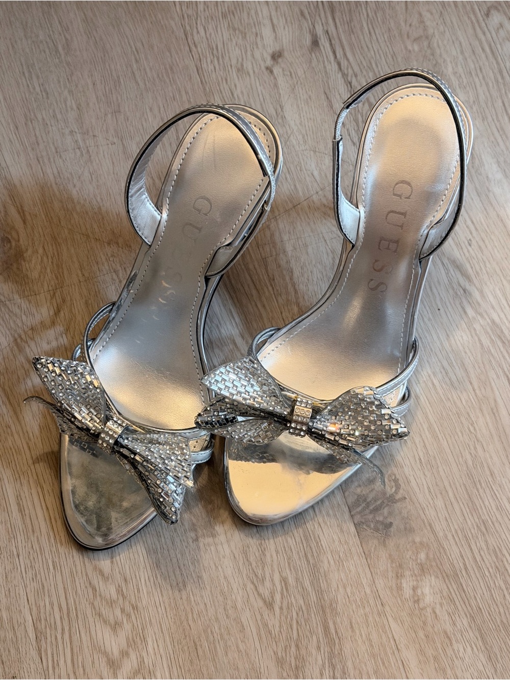 GUESS Silver Crystal Bow Slingback Heels